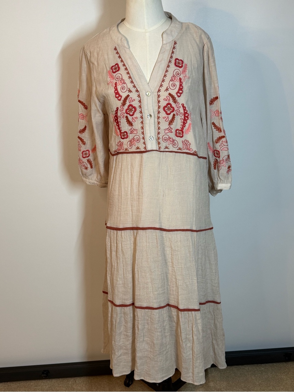 fig and flower anthropology Cream Maxi Dress with Red Embroidery
